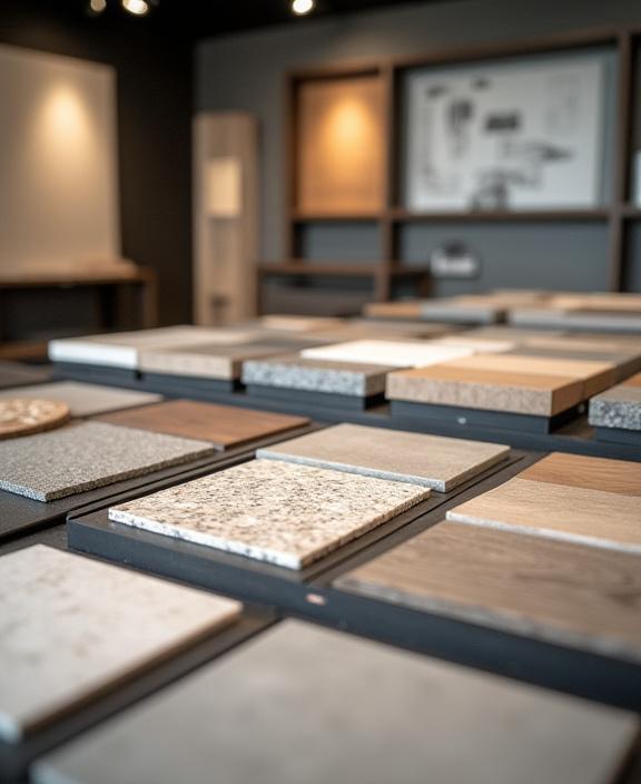 Dettaglio dello showroom Nettuno Finiture con campioni di materiali pregiati