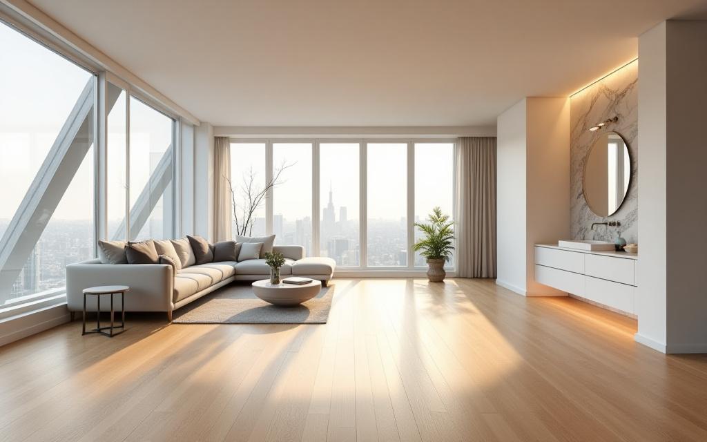 Interno di un attico moderno con pavimento in legno e grandi finestre